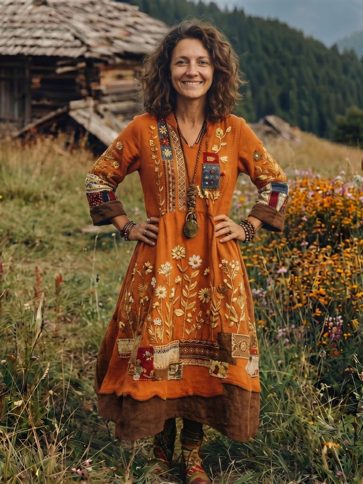 Amelia | Women's Embroidered Patchwork Midi Dress Long Sleeve Relaxed