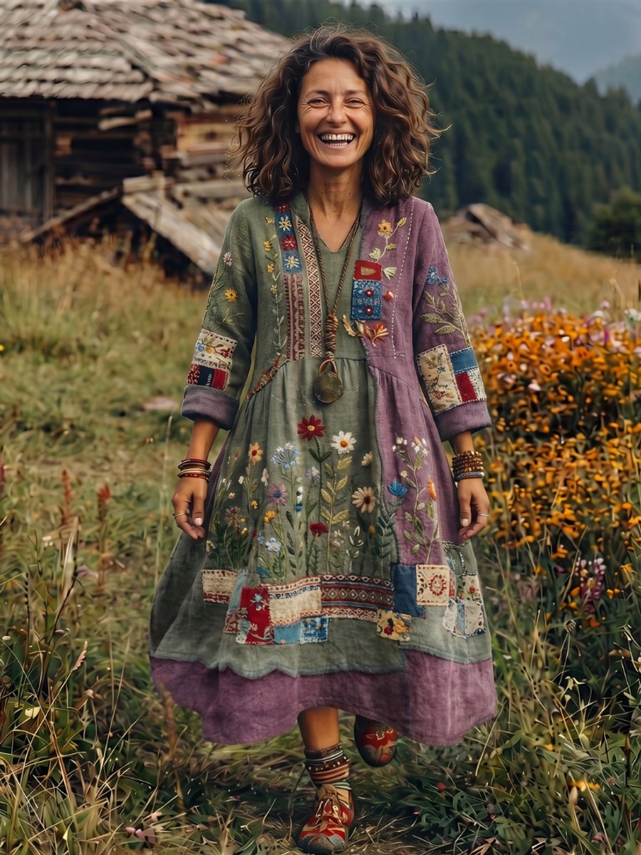 Amelia | Women's Embroidered Patchwork Midi Dress Long Sleeve Relaxed