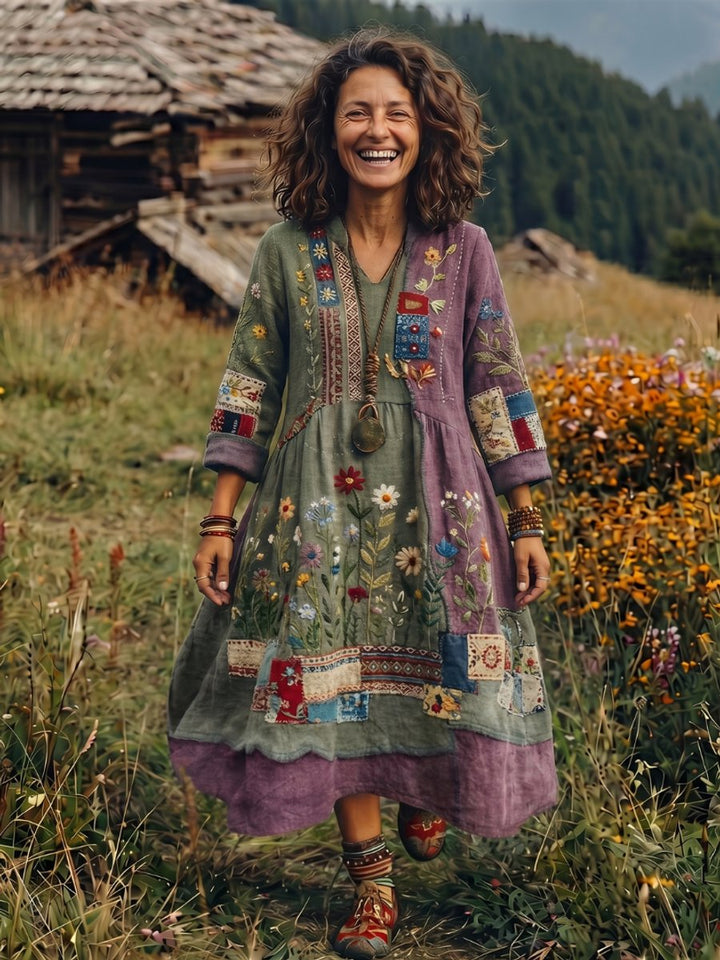Amelia | Women's Embroidered Patchwork Midi Dress Long Sleeve Relaxed