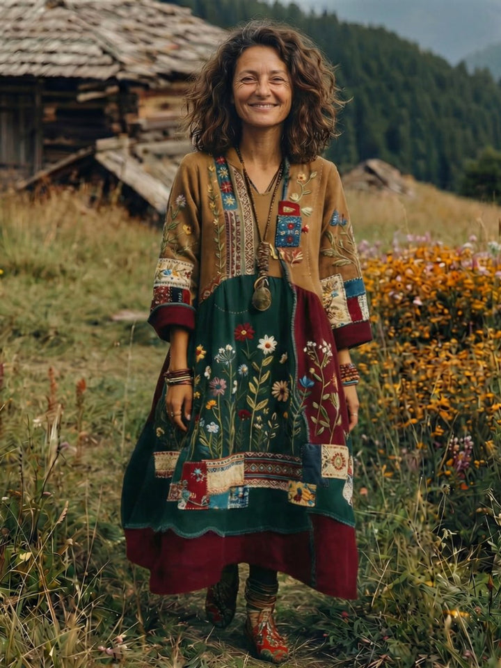 Amelia | Women's Embroidered Patchwork Midi Dress Long Sleeve Relaxed