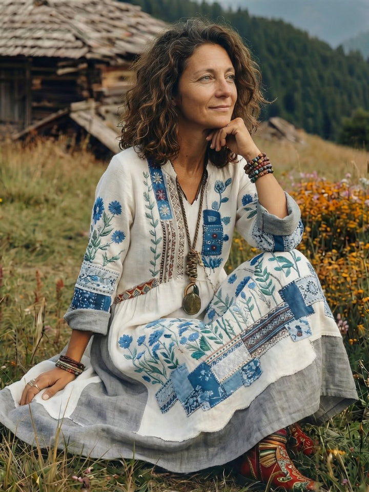 Amelia | Women's Embroidered Patchwork Midi Dress Long Sleeve Relaxed