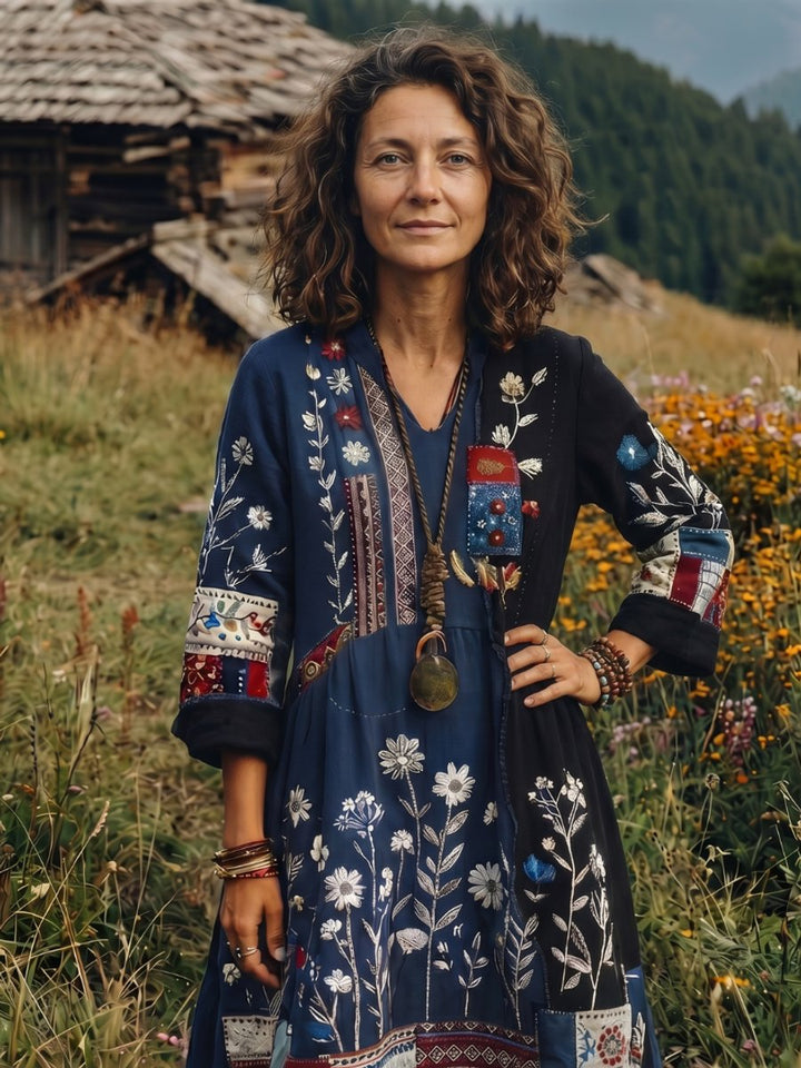 Amelia | Women's Embroidered Patchwork Midi Dress Long Sleeve Relaxed