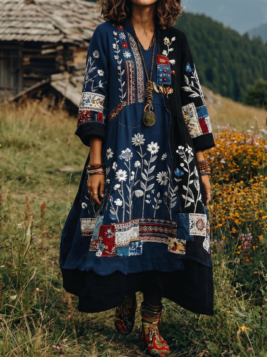 Amelia | Women's Embroidered Patchwork Midi Dress Long Sleeve Relaxed