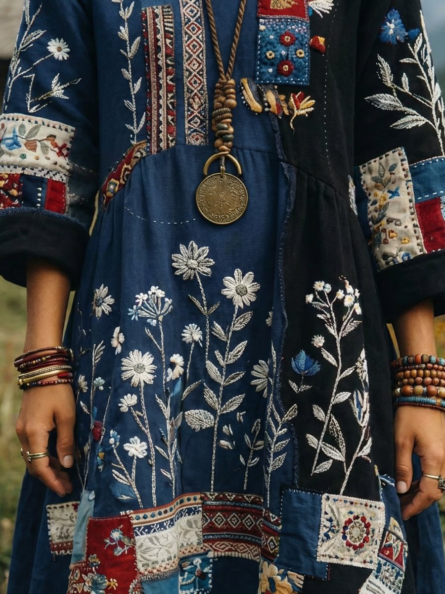 Amelia | Women's Embroidered Patchwork Midi Dress Long Sleeve Relaxed