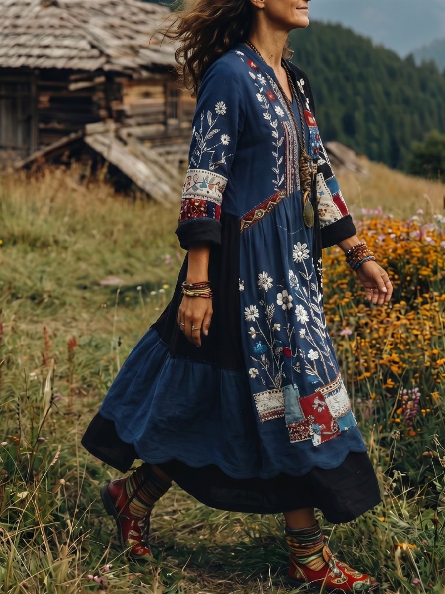 Amelia | Women's Embroidered Patchwork Midi Dress Long Sleeve Relaxed