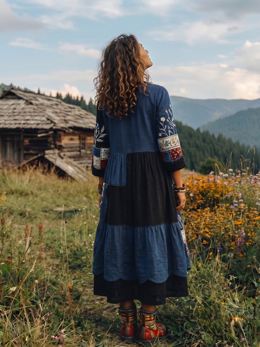 Amelia | Women's Embroidered Patchwork Midi Dress Long Sleeve Relaxed