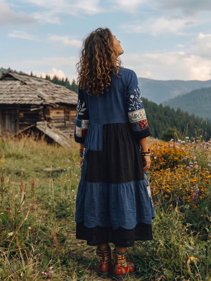 Amelia | Women's Embroidered Patchwork Midi Dress Long Sleeve Relaxed
