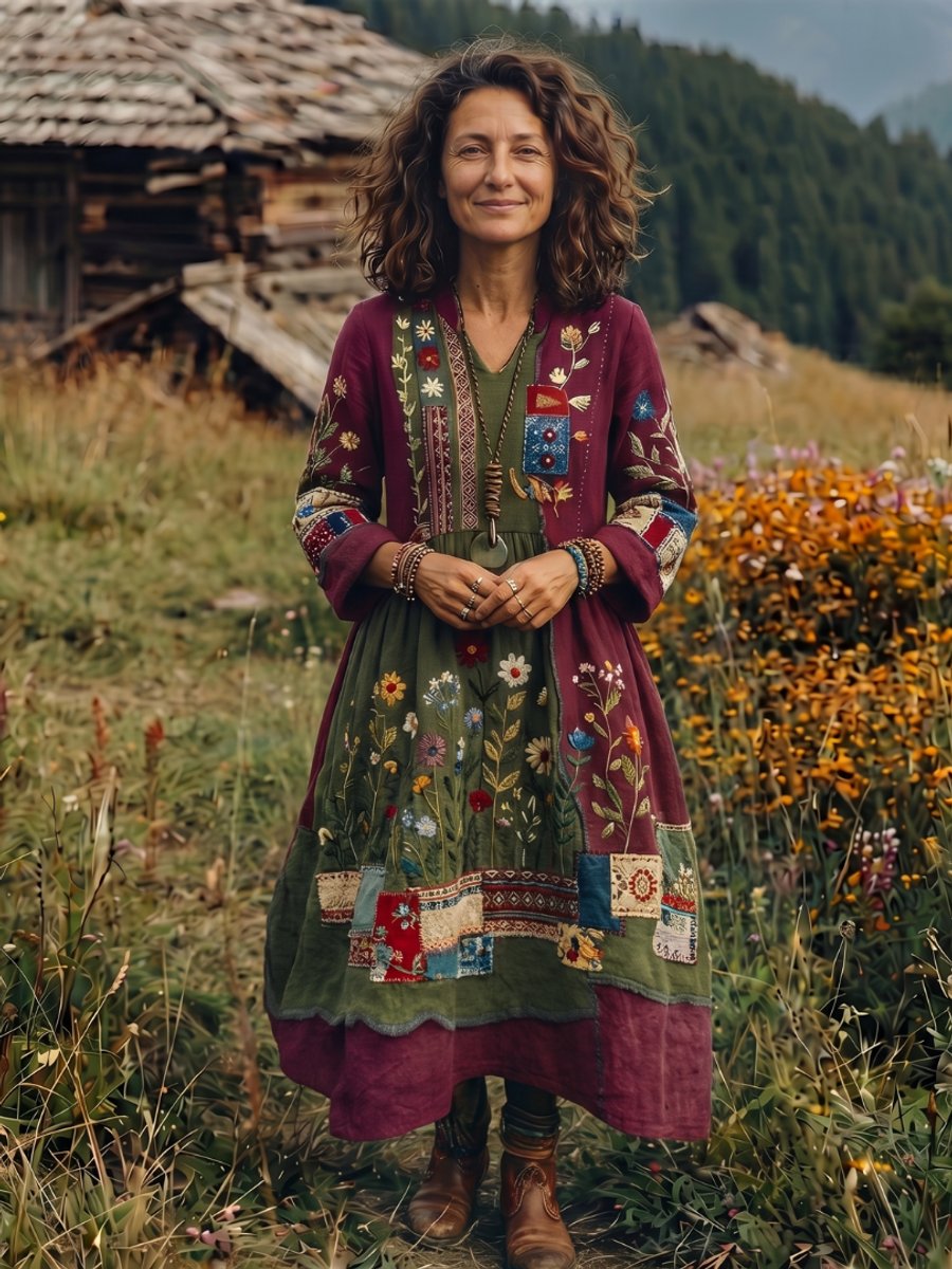 Amelia | Women's Embroidered Patchwork Midi Dress Long Sleeve Relaxed