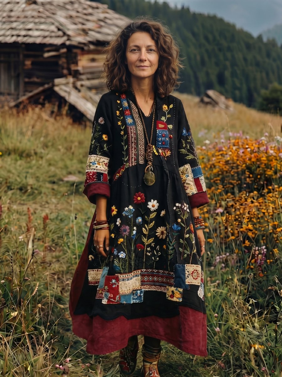 Amelia | Women's Embroidered Patchwork Midi Dress Long Sleeve Relaxed