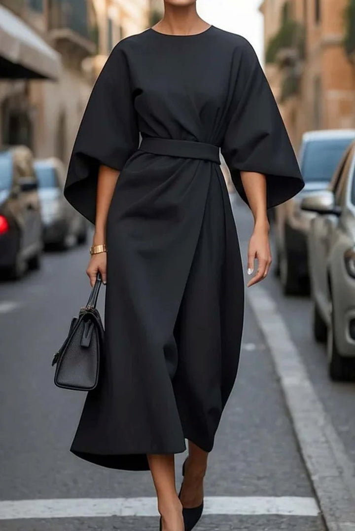 Emily | Women's Belted Wrap Midi Dress Kimono Sleeves Boat Neck