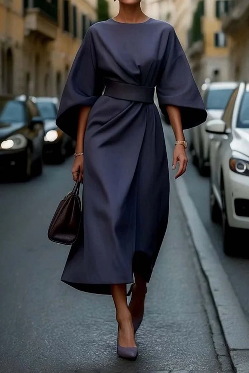 Emily | Women's Belted Wrap Midi Dress Kimono Sleeves Boat Neck
