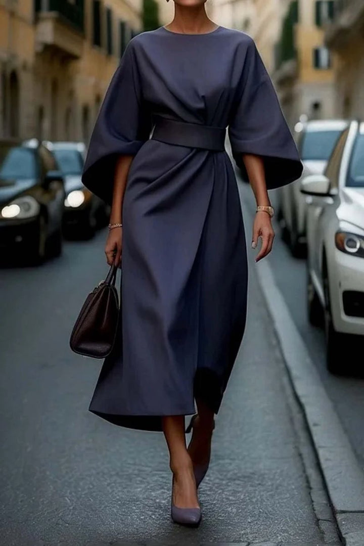 Emily | Women's Belted Wrap Midi Dress Kimono Sleeves Boat Neck