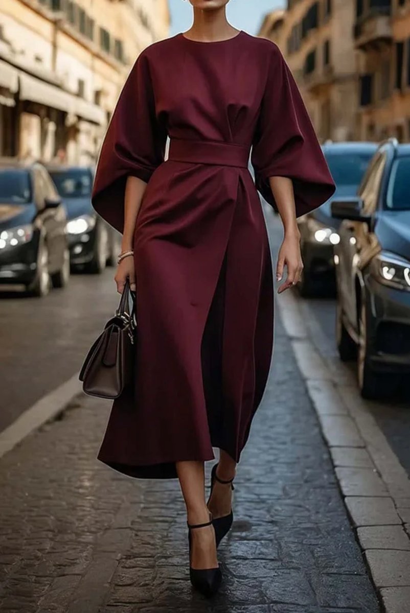 Emily | Women's Belted Wrap Midi Dress Kimono Sleeves Boat Neck