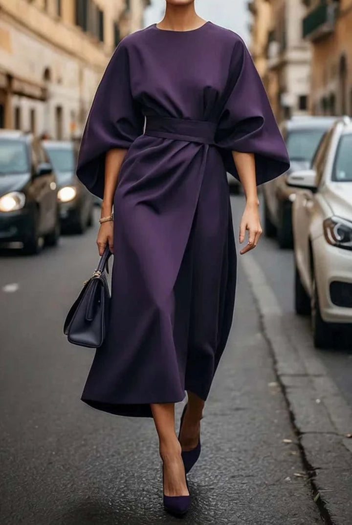 Emily | Women's Belted Wrap Midi Dress Kimono Sleeves Boat Neck