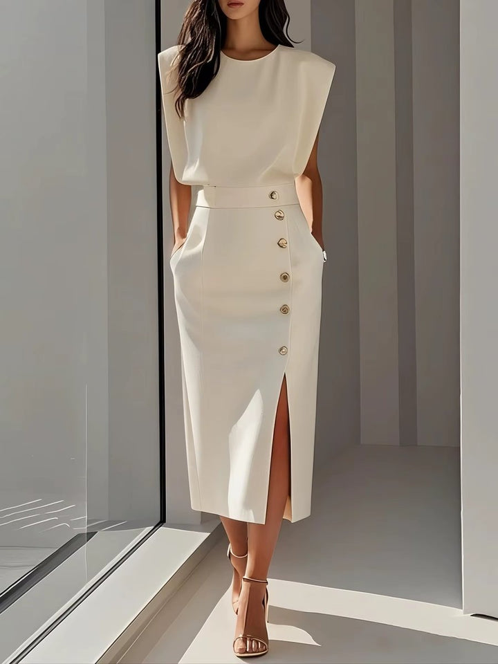 Mia | Women's Midi Dress Shoulder Pads High Waist Button Front Slit
