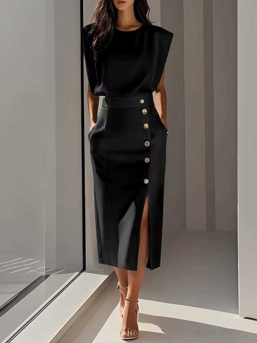 Mia | Women's Midi Dress Shoulder Pads High Waist Button Front Slit