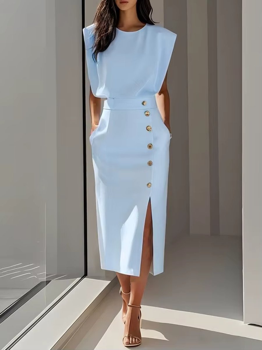 Mia | Women's Midi Dress Shoulder Pads High Waist Button Front Slit