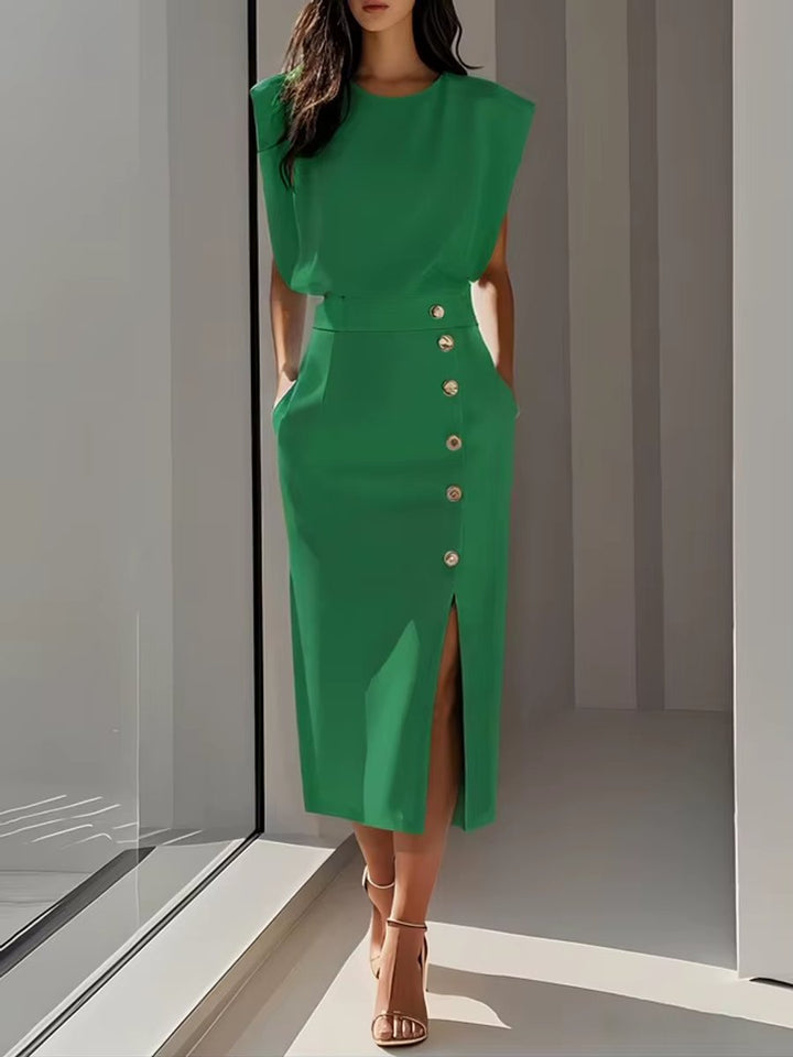 Mia | Women's Midi Dress Shoulder Pads High Waist Button Front Slit