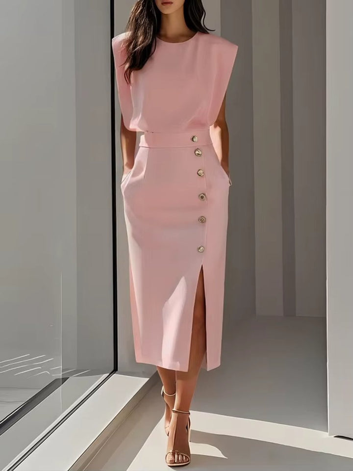 Mia | Women's Midi Dress Shoulder Pads High Waist Button Front Slit