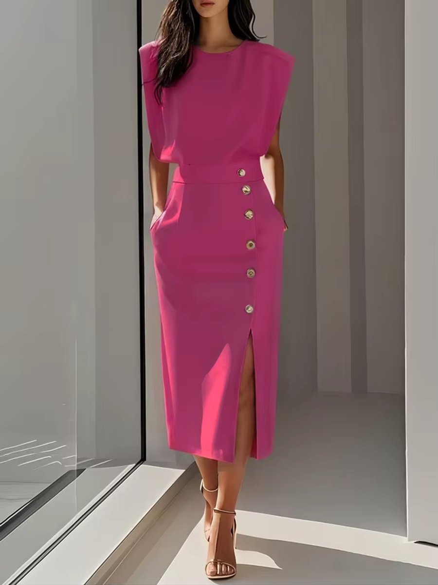 Mia | Women's Midi Dress Shoulder Pads High Waist Button Front Slit