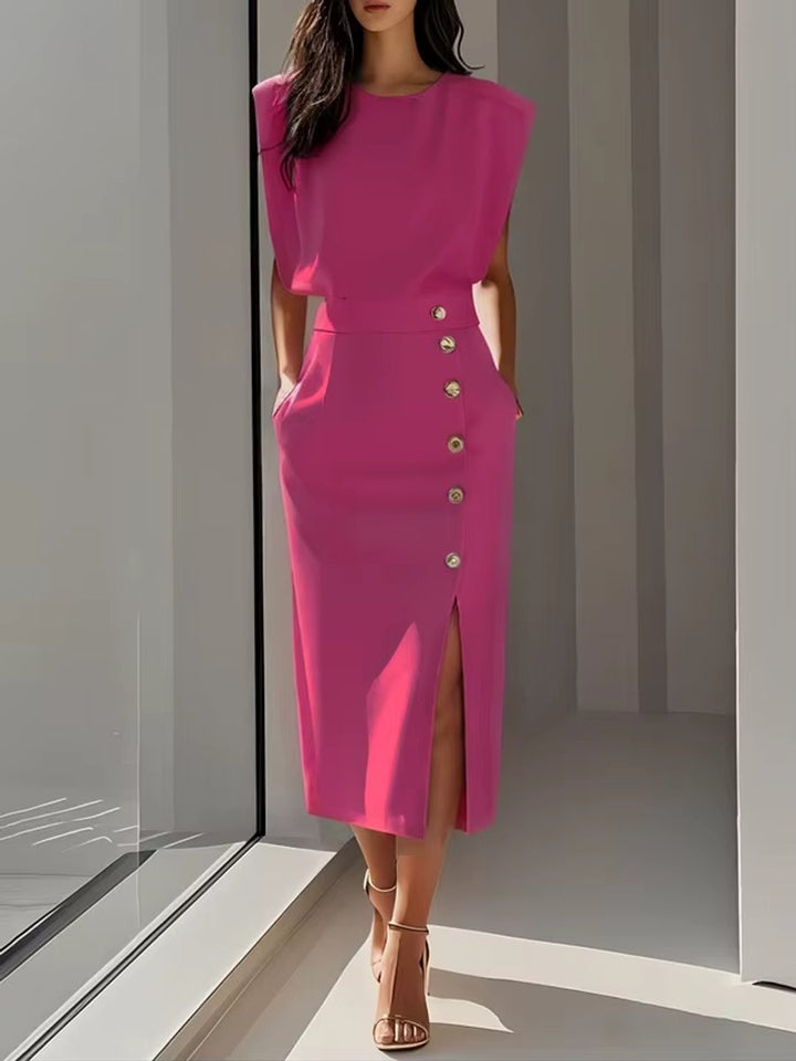 Mia | Women's Midi Dress Shoulder Pads High Waist Button Front Slit