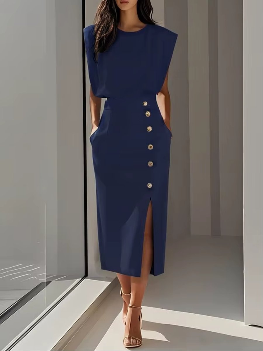 Mia | Women's Midi Dress Shoulder Pads High Waist Button Front Slit
