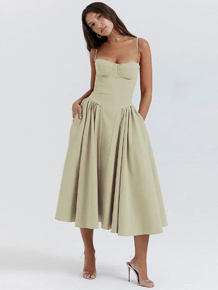 Florence | Women's Everyday Party Dress Bustier Midi Flared Spaghetti-Strap