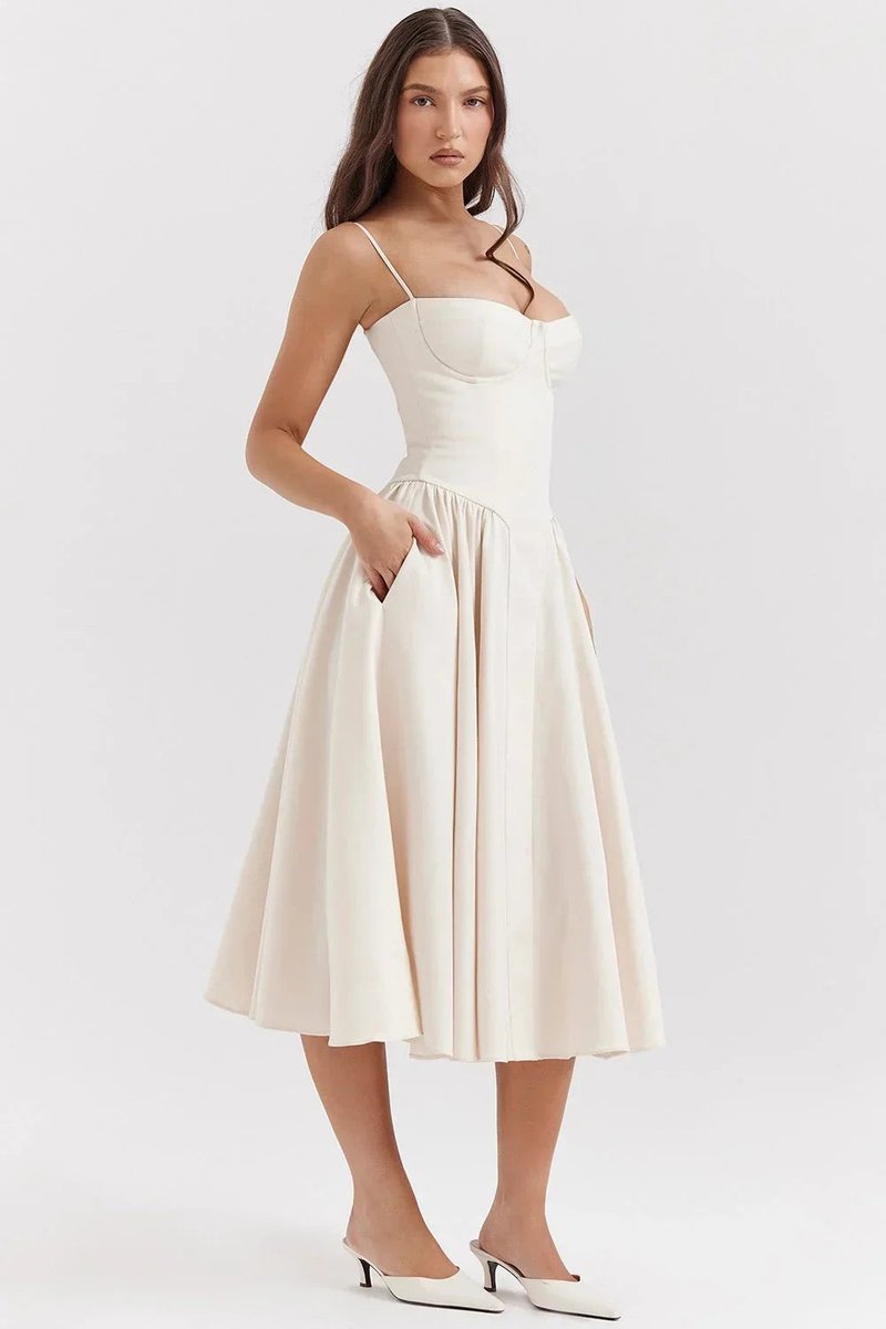 Florence | Women's Everyday Party Dress Bustier Midi Flared Spaghetti-Strap