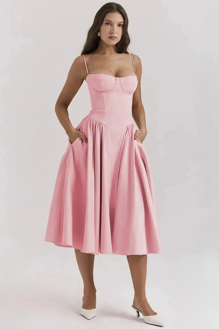 Florence | Women's Everyday Party Dress Bustier Midi Flared Spaghetti-Strap
