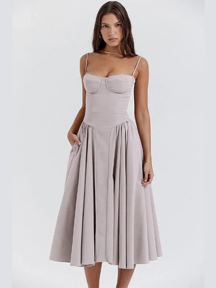 Florence | Women's Everyday Party Dress Bustier Midi Flared Spaghetti-Strap