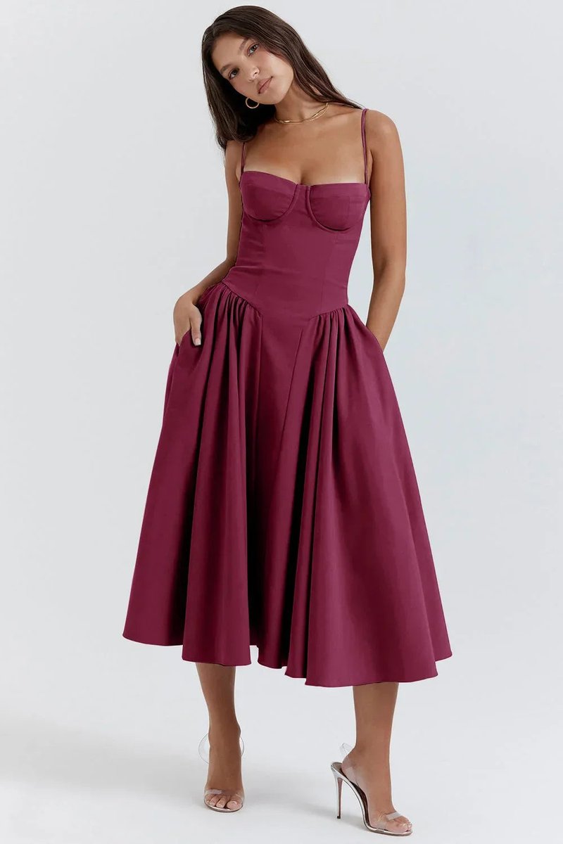 Florence | Women's Everyday Party Dress Bustier Midi Flared Spaghetti-Strap