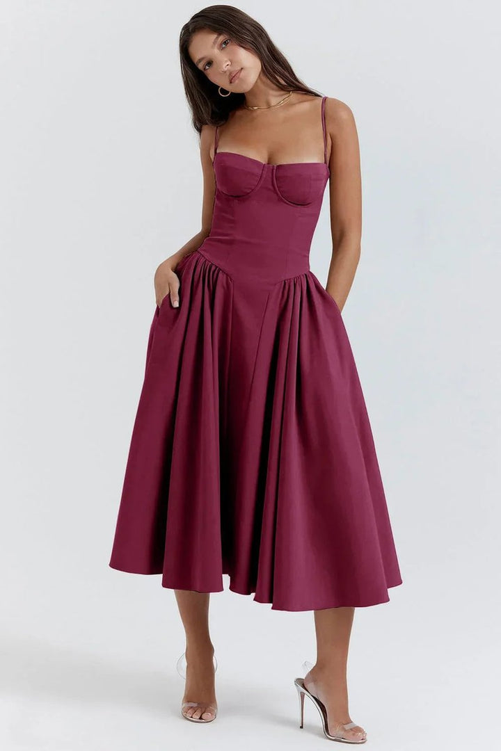 Florence | Women's Everyday Party Dress Bustier Midi Flared Spaghetti-Strap
