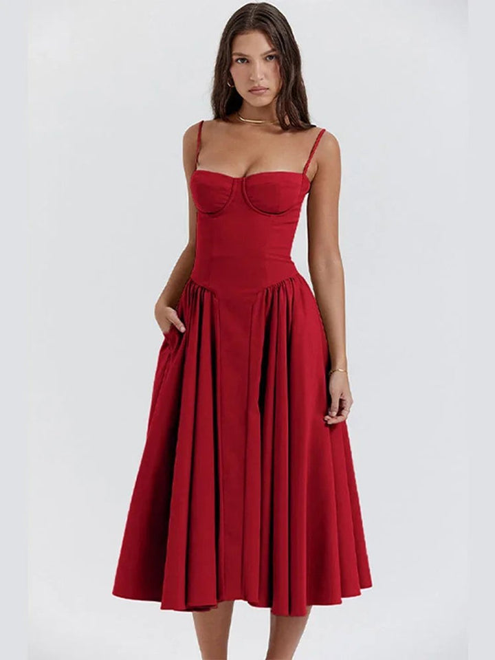 Florence | Women's Everyday Party Dress Bustier Midi Flared Spaghetti-Strap