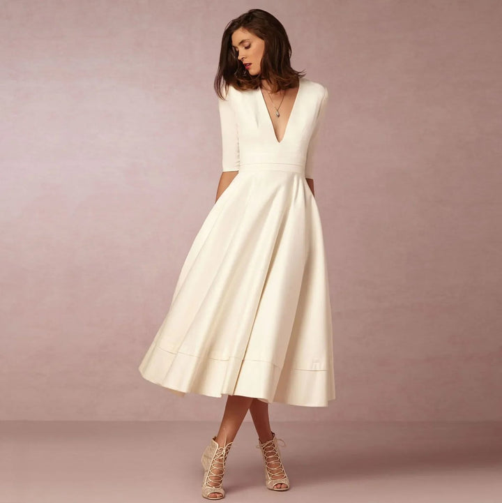 Freya | Women's Everyday Party Dress Deep V-Neck Flared Midi