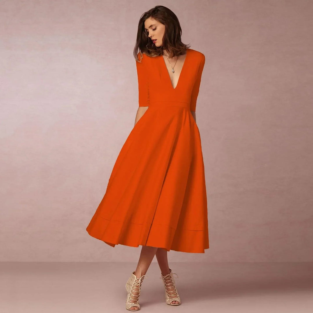 Freya | Women's Everyday Party Dress Deep V-Neck Flared Midi