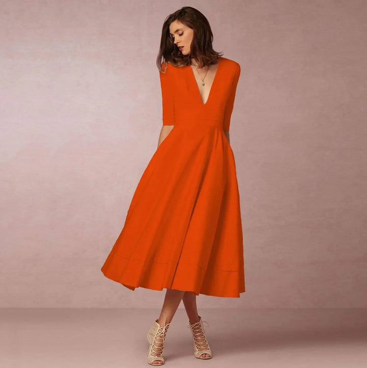 Freya | Women's Everyday Party Dress Deep V-Neck Flared Midi