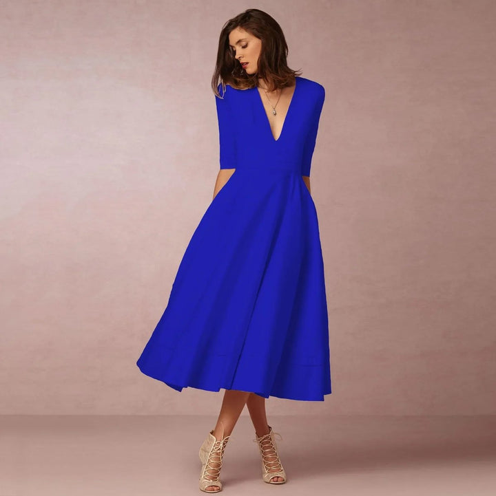 Freya | Women's Everyday Party Dress Deep V-Neck Flared Midi