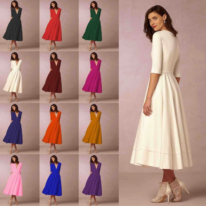 Freya | Women's Everyday Party Dress Deep V-Neck Flared Midi