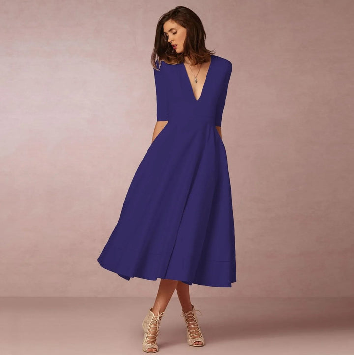 Freya | Women's Everyday Party Dress Deep V-Neck Flared Midi