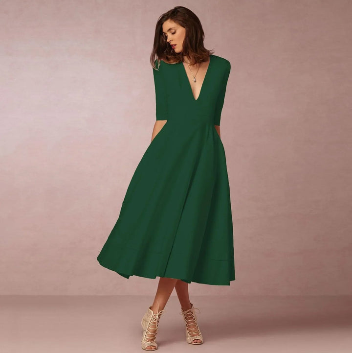 Freya | Women's Everyday Party Dress Deep V-Neck Flared Midi