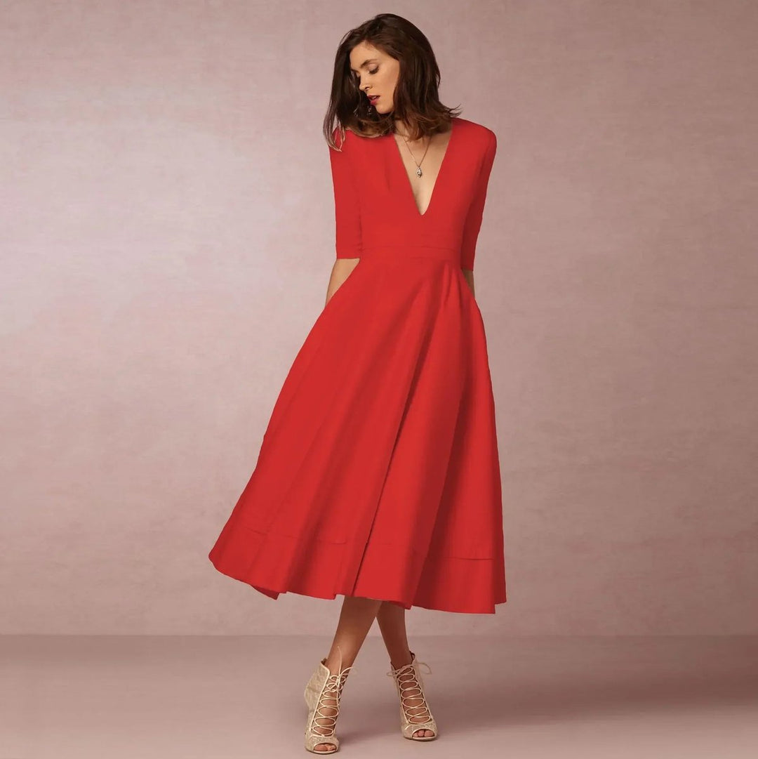Freya | Women's Everyday Party Dress Deep V-Neck Flared Midi