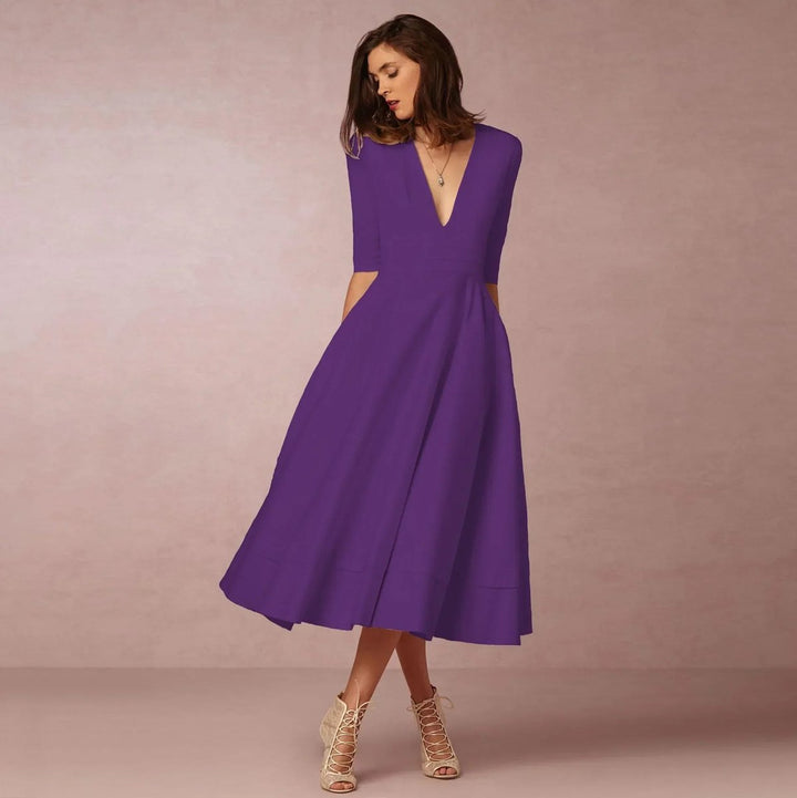 Freya | Women's Everyday Party Dress Deep V-Neck Flared Midi