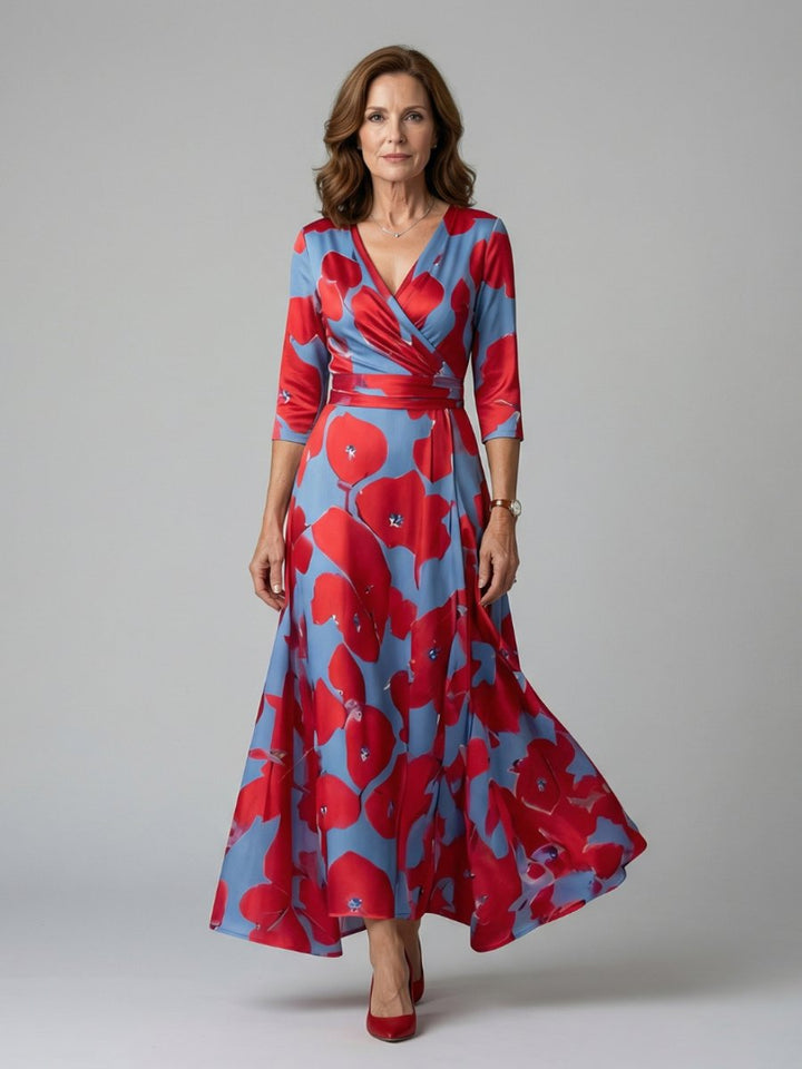 Evelyn | Women's Floral Wrap Midi Dress V-Neck Three-Quarter Sleeve