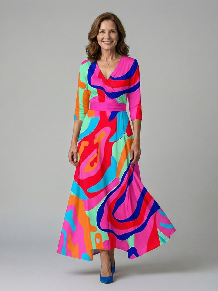 Evelyn | Women's Floral Wrap Midi Dress V-Neck Three-Quarter Sleeve