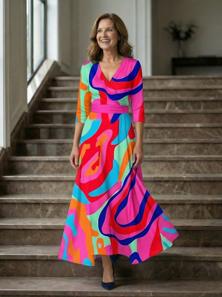 Evelyn | Women's Floral Wrap Midi Dress V-Neck Three-Quarter Sleeve