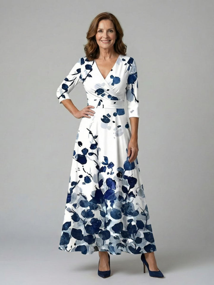 Evelyn | Women's Floral Wrap Midi Dress V-Neck Three-Quarter Sleeve