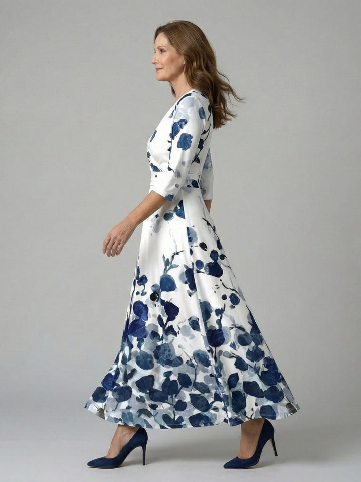 Evelyn | Women's Floral Wrap Midi Dress V-Neck Three-Quarter Sleeve