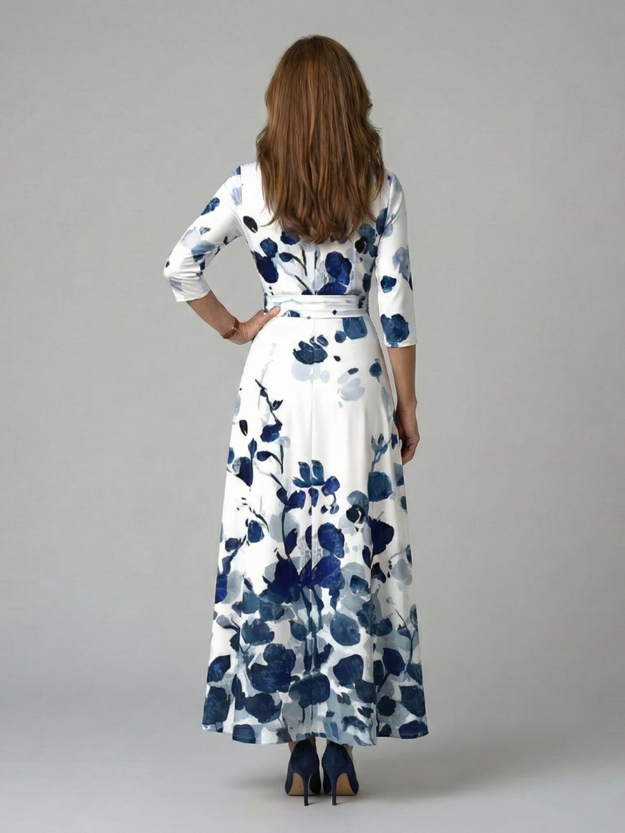 Evelyn | Women's Floral Wrap Midi Dress V-Neck Three-Quarter Sleeve