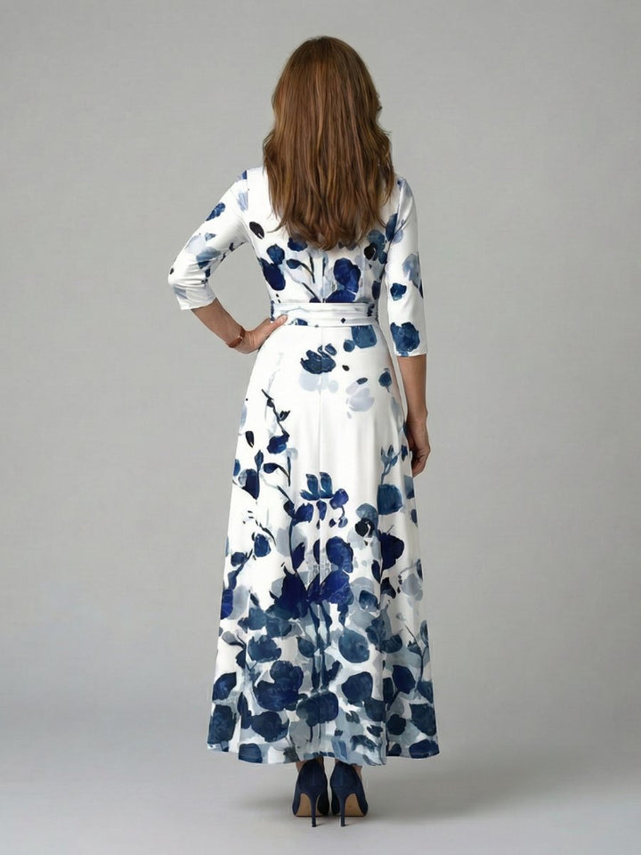 Evelyn | Women's Floral Wrap Midi Dress V-Neck Three-Quarter Sleeve