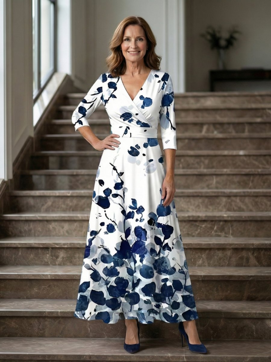 Evelyn | Women's Floral Wrap Midi Dress V-Neck Three-Quarter Sleeve